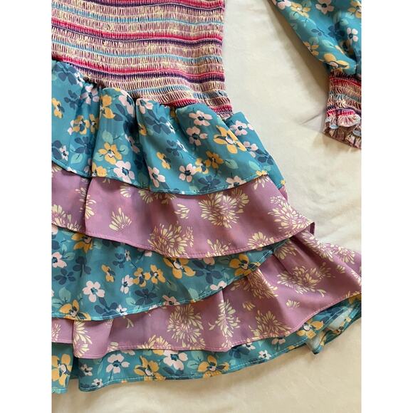 Yvonne & Love Bohemian Puff Sleeve Dress Lg Boho Ruffle Layered Hem Mini - Picture 3 of 9